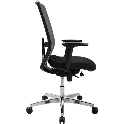 Black office chair in profile, with mesh back and adjustable armrests, on casters.