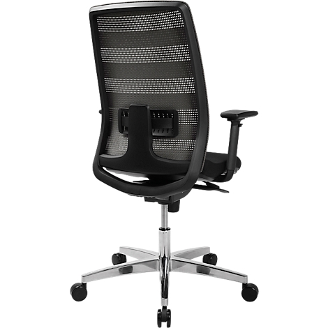 Office chair with black mesh back and armrests, silver base and wheels.