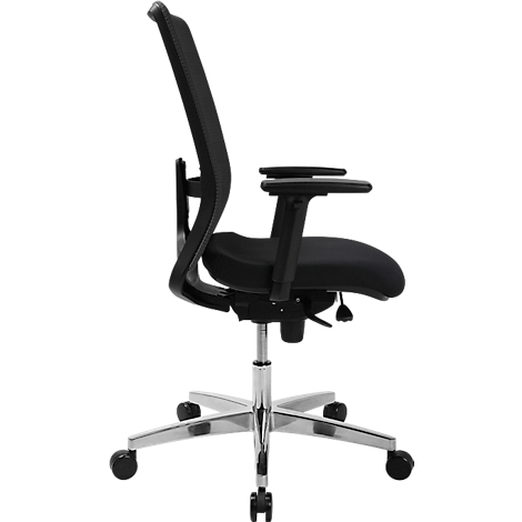 Profile view of a black office chair with mesh back, armrests, and chrome base.