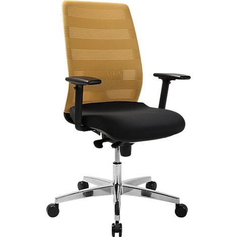 Office chair with mesh back, golden yellow and black seat, on castors. Armrests black.