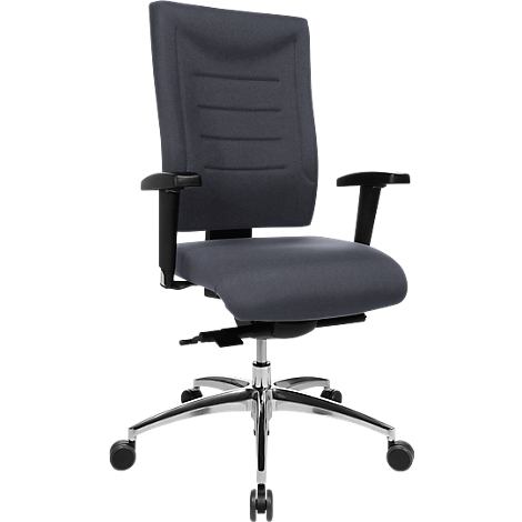 Dark gray office chair with armrests and castors. The chair is pictured against a neutral background.
