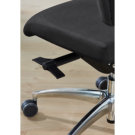 Close-up of a black office chair with adjustable controls on wheels on a wooden floor.