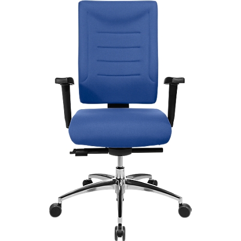 Blue office chair with armrests and casters.