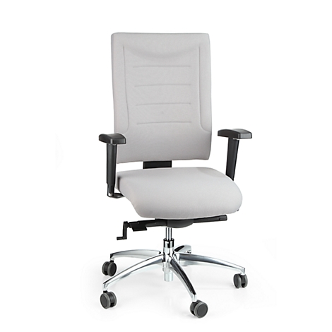Grey office chair with armrests. It has a silver frame, casters, and a high backrest.