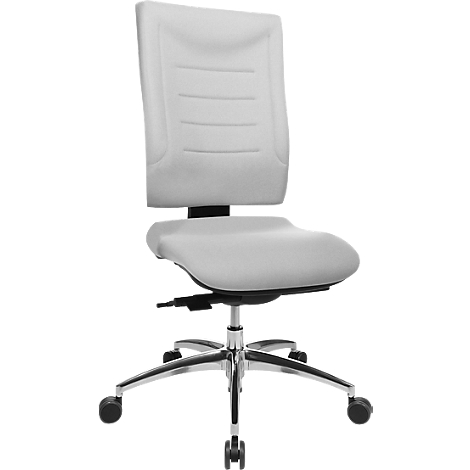 A white office chair with a padded backrest and seat. The frame is chrome-colored with five wheels.