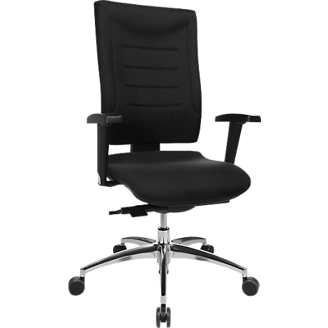 Black office chair with armrests and castors, against a white background. The chair is made of fabric and metal.