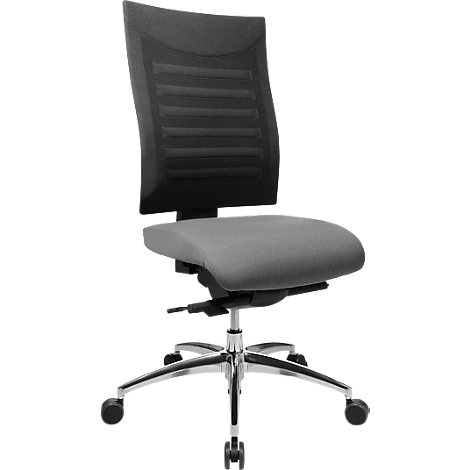 Office chair with grey seat, black mesh back and chrome frame. Four wheels.