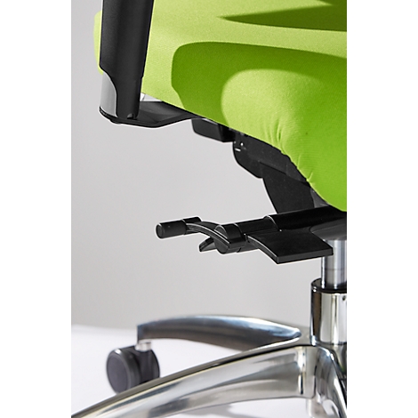 Detail of an office chair. Black controls contrast with the green seat and chrome frame.