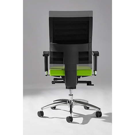 Office chair with black back, green seat, and silver base. Rear view against a neutral background.
