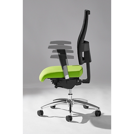 Office chair with bright green seat, black backrest, and silver wheels, side view.
