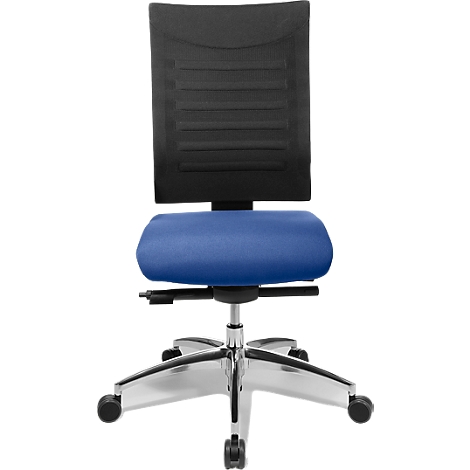 Office chair with blue seat and black backrest. Five-legged, chrome-colored frame with castors. The chair is pictured from behind.