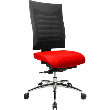 Office chair, black and red fabric, silver frame, castors.