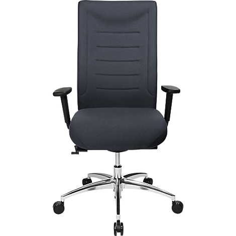 Black office chair with armrests and wheels. The backrest is high and padded, the base is chrome.