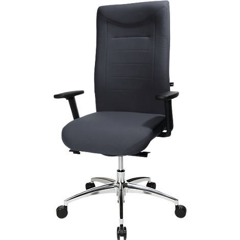 A gray office chair with a high back and armrests. It stands on a chrome-plated base with wheels.