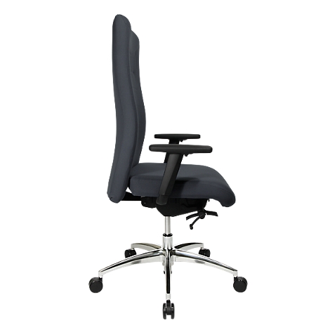 Dark gray office chair in profile. High backrest, armrests, metal base with rollers.