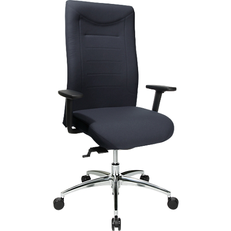 Dark blue office chair, adjustable armrests, on a silver base with casters.