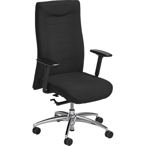 Black office chair with high backrest and armrests. Chrome base with castors.