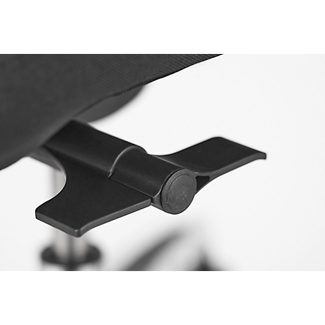 Detail shot of a black chair mechanism. A cylindrical connector, with wing-like extensions on both sides.