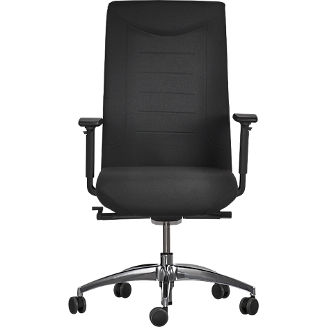 Black office chair, high back, armrests, on wheels, metal frame. Vertical lines on the backrest.