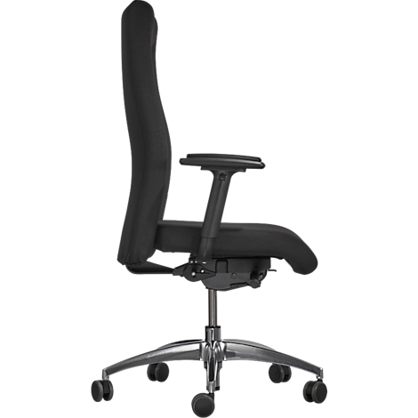 Black office chair, side view. High backrest, armrests, five wheels, silver frame.