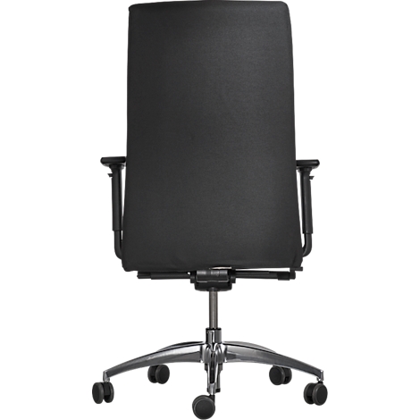 Rear view of a black office chair. The chair has a high back, armrests, and a silver base with wheels.
