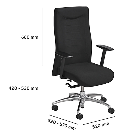Black office chair, dimensions in mm: 660 (height), 420-530, 520-570 (width), 520.