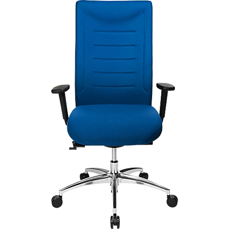 Blue office chair with armrests and silver legs on wheels. The backrest has horizontal seams.