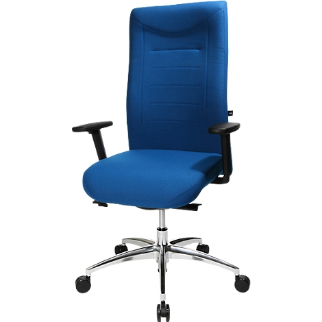 Blue office chair with high back, black armrests and silver base.