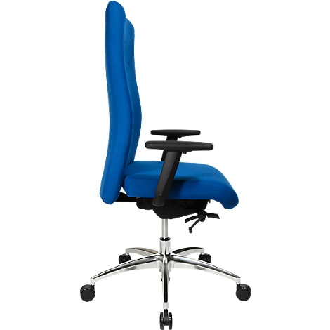 Blue office chair, side view. High backrest, armrests, silver base with wheels.