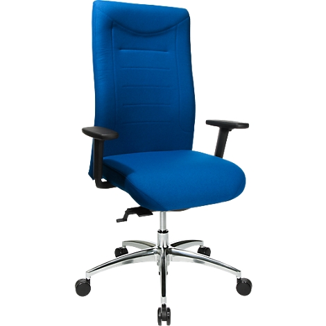 Blue office chair. Back and seat are blue, armrests black, frame silver. On castors.