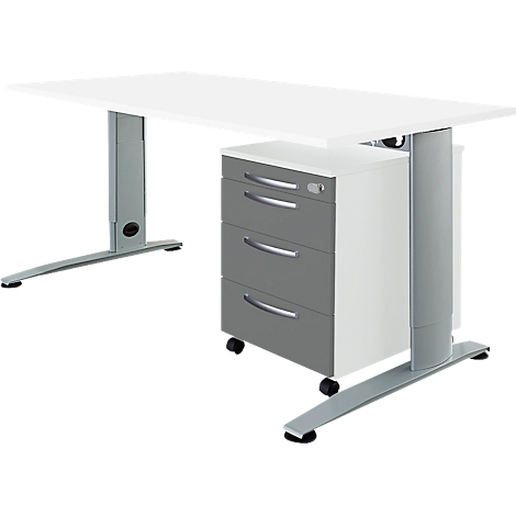 White desk with gray container and height-adjustable legs on a white background.