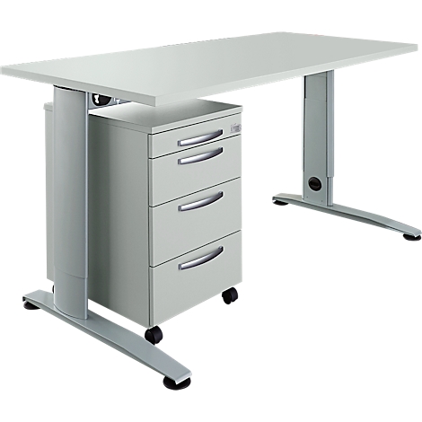 Desk with height-adjustable legs and a mobile pedestal with three drawers.