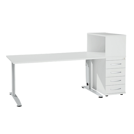 White office desk with drawers and silver handles, against a white background.
