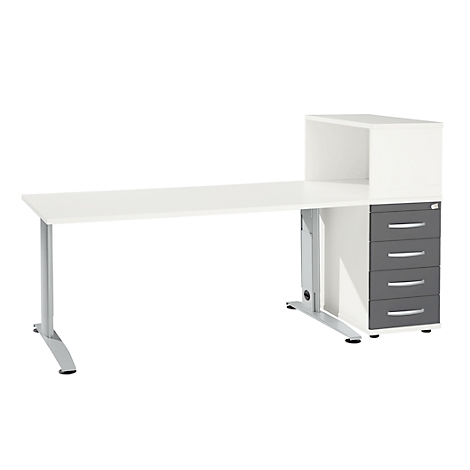 White desk with gray drawers and a shelf attachment.