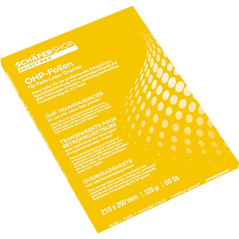 Yellow OHP film pack with white text. It says: "OHP-Folien", "Transparencies", "Overheadsheets".