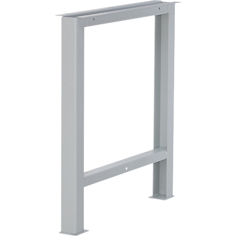 Lichtgrijze, rechthoekige metalen tafelpootframe. Rechthoekige voeten aan de boven- en onderkant, verbonden door twee verticale en één horizontale spant.
