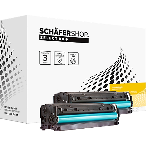 Deux cartouches de toner noires devant une boîte blanche avec le texte 'Schäfershop Select' et des logos.