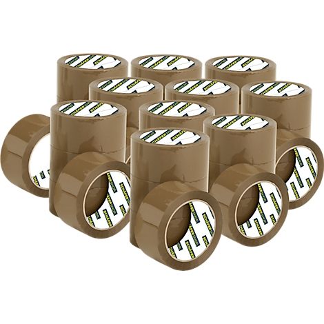 Pile of brown adhesive tapes. Some rolls are partially unrolled, showing the white interior.
