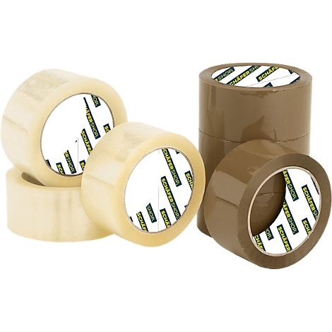 Several rolls of tape, transparent and brown, with print. In the foreground is a roll.