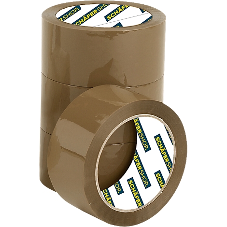 Brown packing tape stacked. The logo of Schäfer Shop is visible on the rolls.