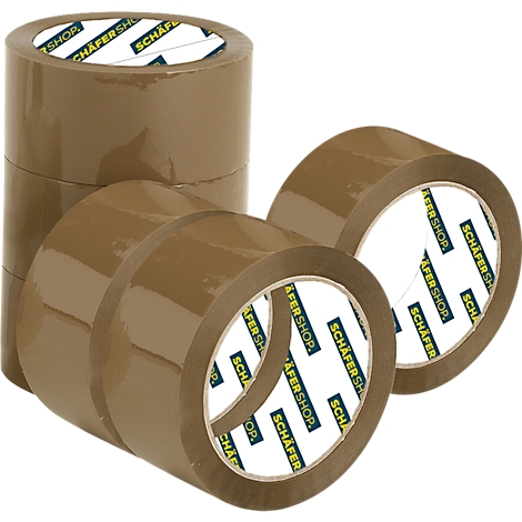 Close-up of brown adhesive tapes, some stacked on top of each other. The logo of Schäfer Shop is visible on the inside.