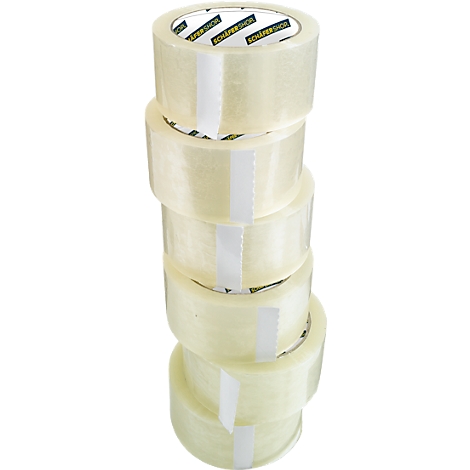 Stack of transparent adhesive tapes. The inscription 'SCHÄFER SHOP' can be seen on the rolls.