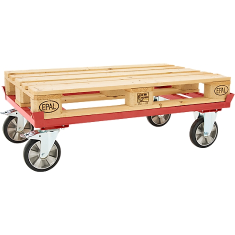 Eine helle Holzpalette auf einem roten Metallrahmen mit vier schwarzen Lenkrollen.