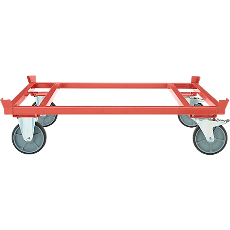 Een rood stalen frame met vier zwenkwielen en grijze kunststof rollen op een witte achtergrond.