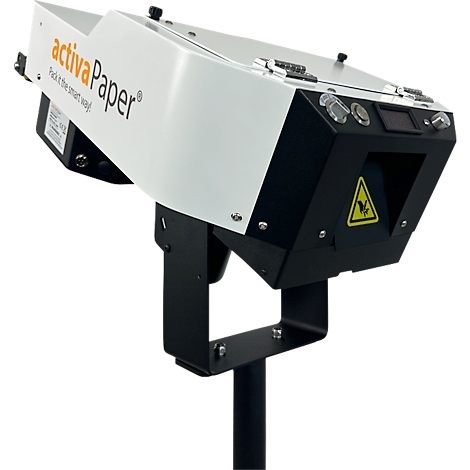 Schwarz-weißes Gerät mit 'activaPaper'-Logo. Gelbes Warnschild.