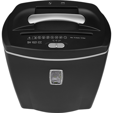 Zwarte papierversnipperaar, handvat bovenop, bedieningspaneel met symbolen. Het model is SH 1021 CC.