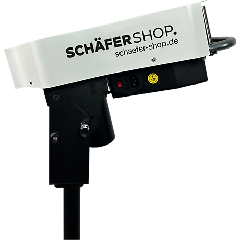 Zwart-wit apparaat met bedrijfslogo. Op de witte behuizing staat in het zwart "SCHÄFER SHOP" en "schaefer-shop.de".