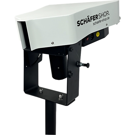 Een wit apparaat met een zwart frame, Schäfershop.de belettering. Zwarte schakelaar, gele knop.