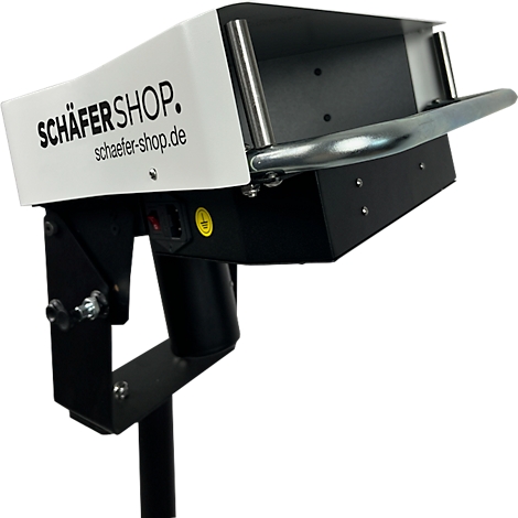 Zwart en wit apparaat met handvat en het opschrift "SCHÄFERSHOP. schaefer-shop.de".