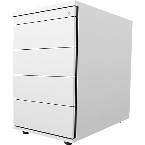 White, minimalist pedestal with four drawers and a lock.
